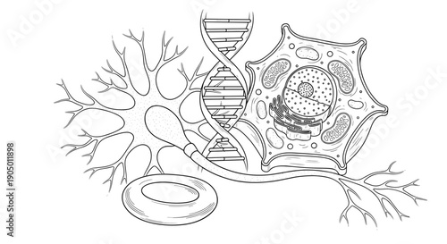Detailed illustration of a neuron with dna double helix structure inside cell nucleus