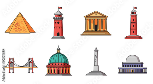 Colorful illustration of famous landmarks and monuments from around the world