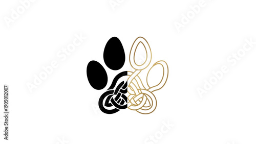 paw print logo solid black half golden celtic knot half symbolizing pet loyalty cultural heritage and connection for branding