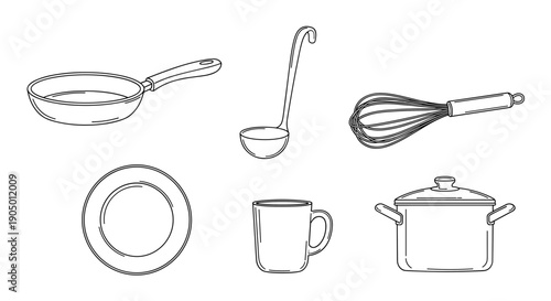 A set of kitchen utensils and dishware including a frying pan plate mug pot