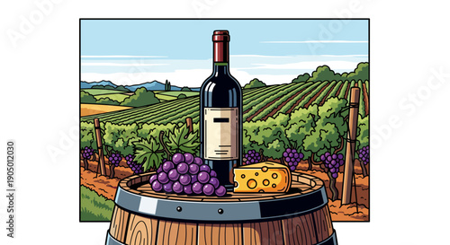 A bottle of wine and a block of cheese with grapes on a wooden barrel in a vineyard landscape
