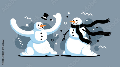 playful and expressive cartoon snowmen joyfully dancing together amidst falling snow depicting winter fun and holiday season celebrations.