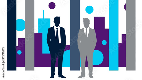 professional businessmen silhouettes in suits stand against an abstract urban backdrop illustrating corporate strategy professional choice and success.