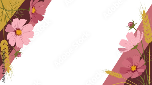 pink cosmos flowers and golden wheat stalks on diagonal color blocks against white for autumn harvest designs.