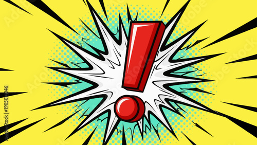 pop art exclamation mark bursting in dynamic comic style with halftone dots conveying urgency surprise or critical alert.