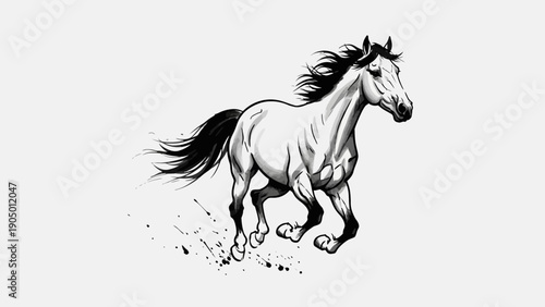 running horse illustration capturing dynamic black and white equestrian speed and energy ideal for powerful sports design branding and animal art.