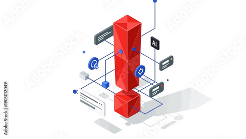 red isometric exclamation mark symbolizing critical digital alerts and important ai information within a connected technology network.