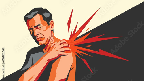 shoulder pain man clutching shoulder grimacing depicting muscle strain injury discomfort for medical health content.