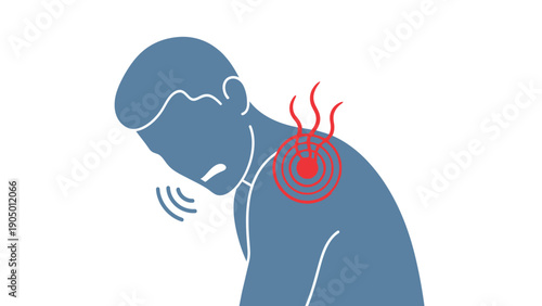 shoulder pain illustration blue silhouette of a man suffering intense upper back discomfort with red radiating pain indicators.