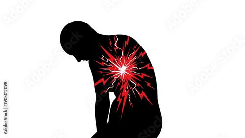 silhouette of person experiencing acute chest pain depicted with a symbolic red burst illustrating agony and mental health struggles.