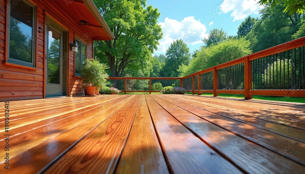 Fototapeta premium New cedar wood deck patio looks shiny after fresh stain. Outdoor wooden backyard area with green trees and blue sky. House exterior and natural setting.