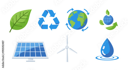 Eco friendly icons including leaf, recycling symbol, earth, solar panel, wind turbine, and water drop