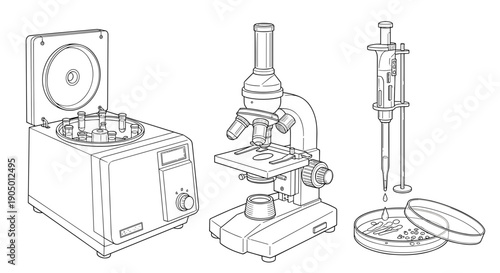 Laboratory equipment including a centrifuge, microscope, and bunsen burner on a for science and research purposes