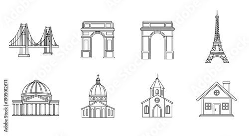 Set of iconic landmarks and buildings in line art style