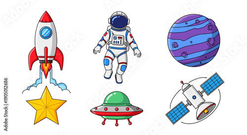 A colorful set of cartoon space icons including a rocket ship and astronaut
