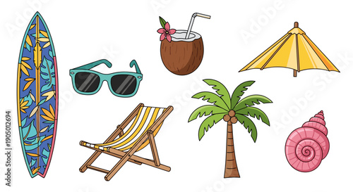 A colorful illustration of summer vacation icons including a surfboard, sunglasses, beach chair, coconut, umbrella, palm tree, and seashell