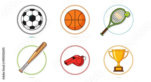 Collection of sports icons including soccer ball, basketball, tennis racket, baseball bat, boxing gloves, and trophy cup