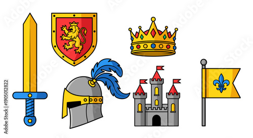 Medieval royal heraldry and weaponry icons including sword crown and castle