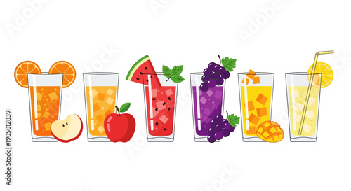 Colorful illustration of various fruit cocktails in glasses