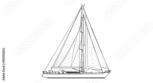 A detailed line drawing of a sailboat with its sails up on the water in a simple style