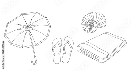 A line drawing of a beach umbrella flip flops towel and shell