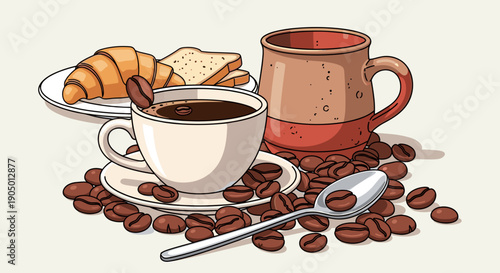 A cup of coffee and a mug with croissant and cookies on a plate with coffee beans scattered around on a beige background