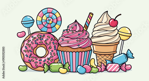 Colorful illustration of sweet treats including donut cupcake ice cream and candies on a light green background