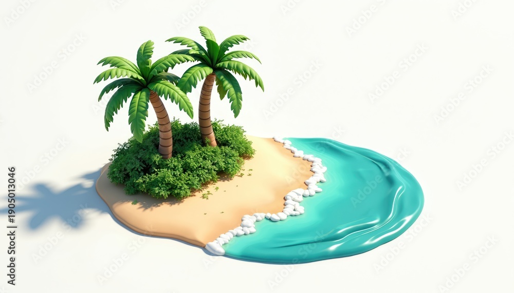 Obraz premium Minimalist isometric view of a small tropical island with two palm trees and rich green foliage. Sandy beach meets bright turquoise ocean waves, creating a serene paradise scene.