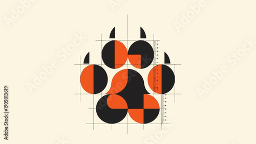 a geometric animal paw print logo abstractly designed with bold black and orange shapes featuring a visible design grid and ruler for modern branding and graphic design concepts.