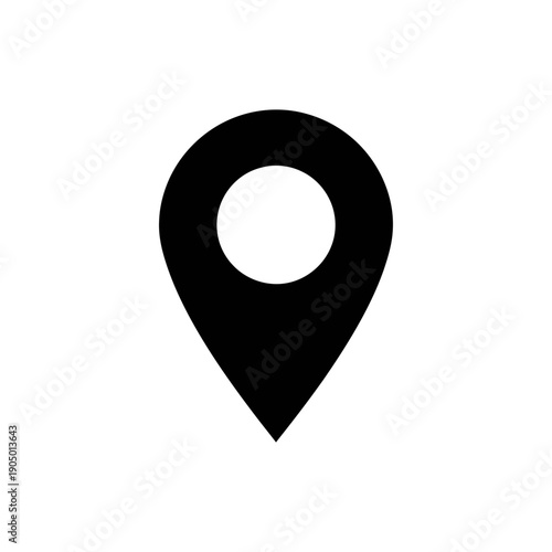 a minimal black location pin icon with a white circle serving as a standard map marker and gps symbol for digital navigation and ui ux design.