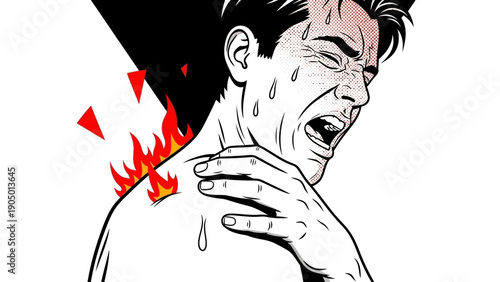 a man screams from burning shoulder pain sweating in pop art style with flames illustrating medical injury and inflammation.