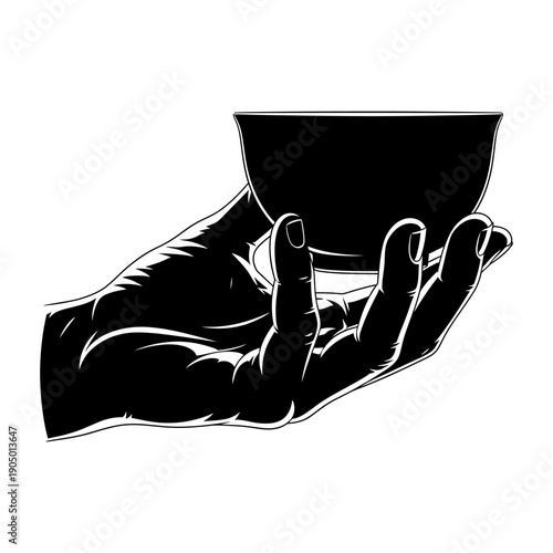 a minimalist black and white graphic illustration of a hand gently cupping a bowl symbolizing offering care or receiving.