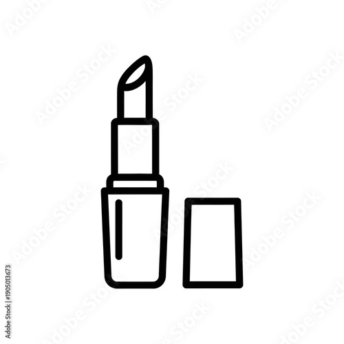 a minimalist black outline icon of an open lipstick with the cap beside it symbolizing beauty and makeup perfect for cosmetic branding.