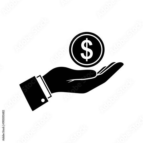 a minimalist icon depicting a business hand holding a dollar coin symbolizing financial transactions giving money and monetary support.