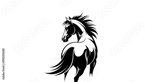 a powerful black and white horse vector graphic in a dynamic pose looking back isolated on white evoking equestrian spirit ideal for branding.
