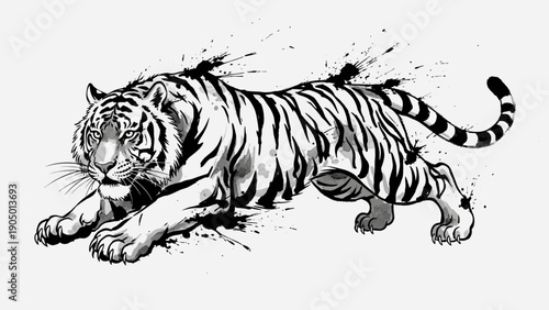 a powerful black and white tiger illustration dynamically pouncing enhanced by energetic ink splatters symbolizing raw wildness fierce strength and untamed artistic energy for bold graphic design.