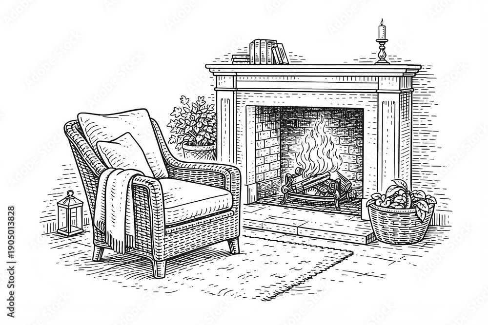 Fototapeta premium French countryside details black and white line illustration