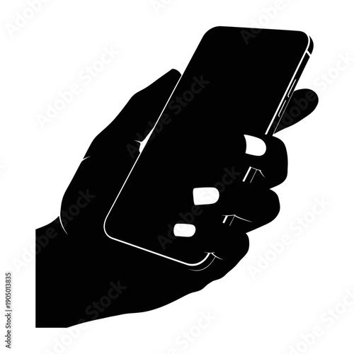 black silhouette of a human hand holding a modern smartphone symbolizing digital connectivity and mobile technology.