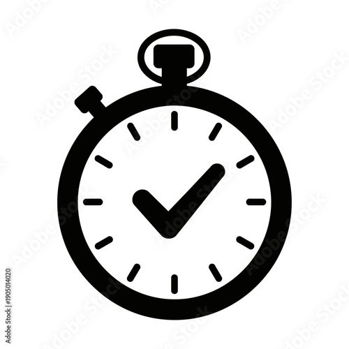 a black and white stopwatch checkmark icon for successful task completion and efficient time management ideal for ui ux business graphics.