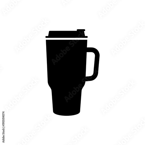 a black silhouette travel mug with a lid and handle isolated on white representing portable beverage convenience perfect for modern lifestyle icons.