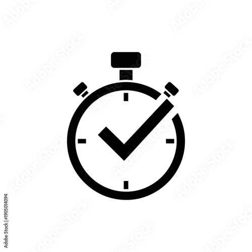 a black stopwatch icon with a checkmark symbolizing successful time completion efficient delivery and task approval for business.