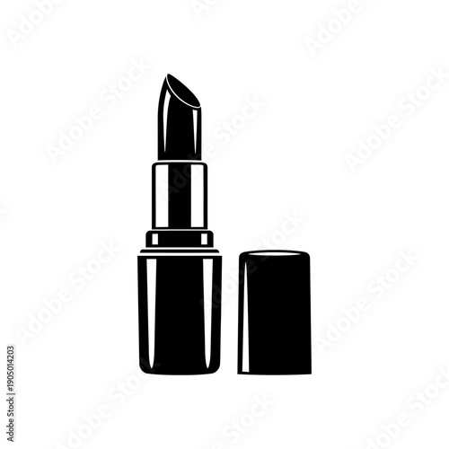 a minimalist black and white graphic of an open lipstick with its cap off perfect for beauty product branding and cosmetic industry marketing.