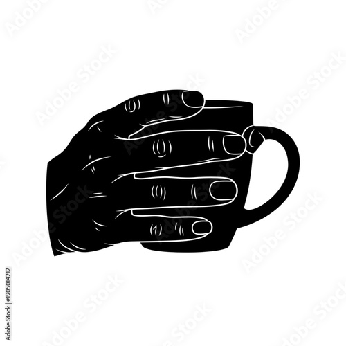 a minimalist black and white silhouette illustration depicting a hand holding a warm mug ideal for graphic design and beverage concepts.