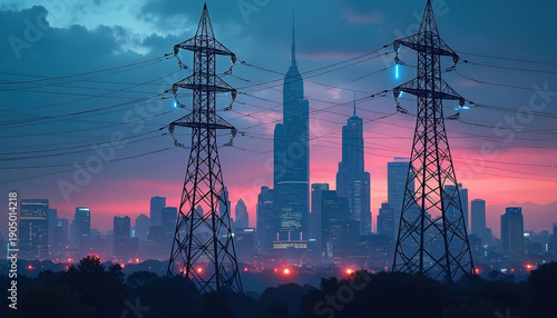 Electric pylons stand tall against a twilight cityscape. Power lines crisscross the sky, connecting a modern urban landscape at dusk with glowing lights. Energy flows through the vast network.