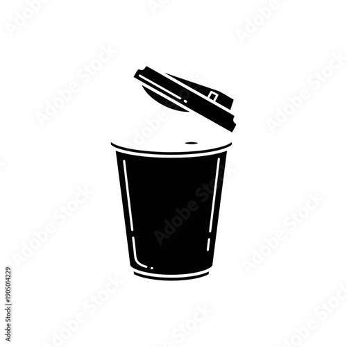 a minimalist black graphic icon of a disposable coffee cup with its lid slightly open symbolizing takeaway beverages convenience and a coffee break.