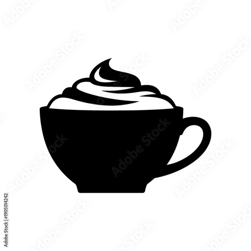 a minimalist black silhouette of a hot coffee cup generously topped with creamy swirled whipped cream perfect for cafe menus and beverage branding.