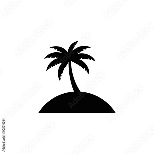 a minimalist tropical island silhouette featuring a single palm tree on a clean white background symbolizing summer vacation remote escape and paradise ideal for travel and leisure branding.