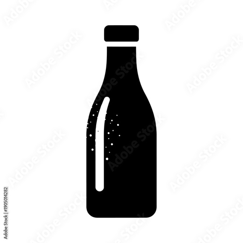 a modern black silhouette bottle with white highlight and effervescent speckles isolated on white ideal for beverage branding.