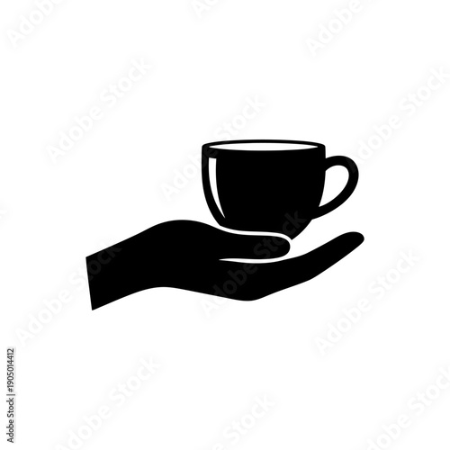 a stylized hand holding coffee cup silhouette isolated on a white background representing hospitality service and comforting care.