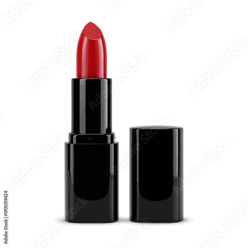 a vibrant red lipstick tube open with its cap showcasing the glossy cosmetic against a clean white background for beauty advertising.